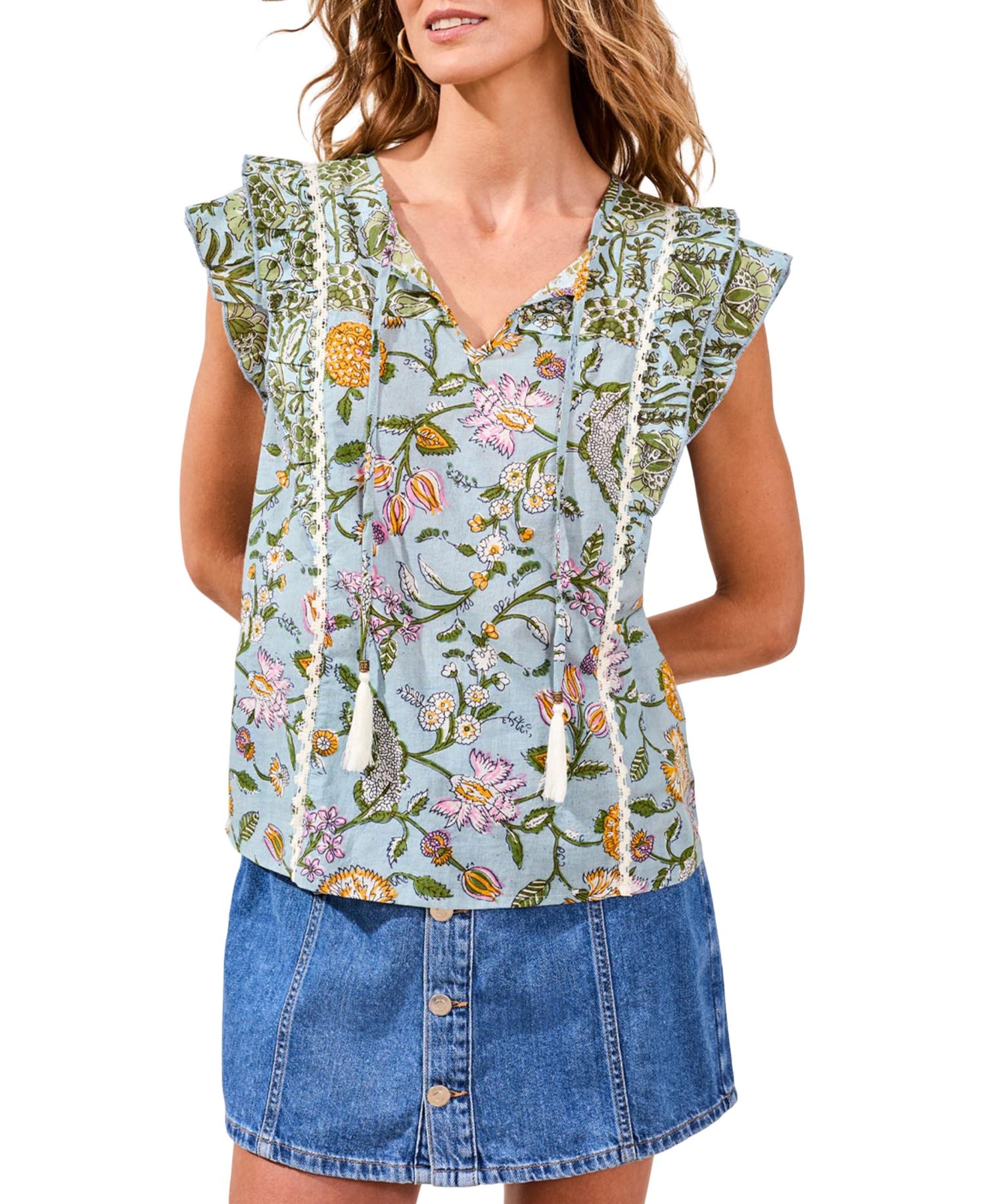 Women's Mixed Media Cap-Sleeve Printed Top