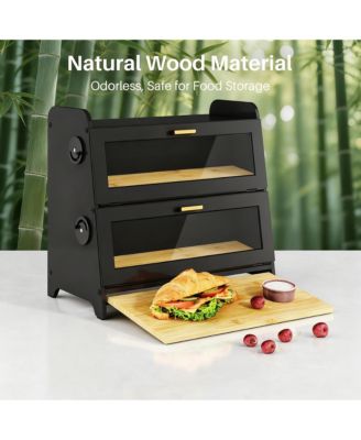 Bread Box 2-Tier Bamboo Storage Cutting Board Adjustable Vent