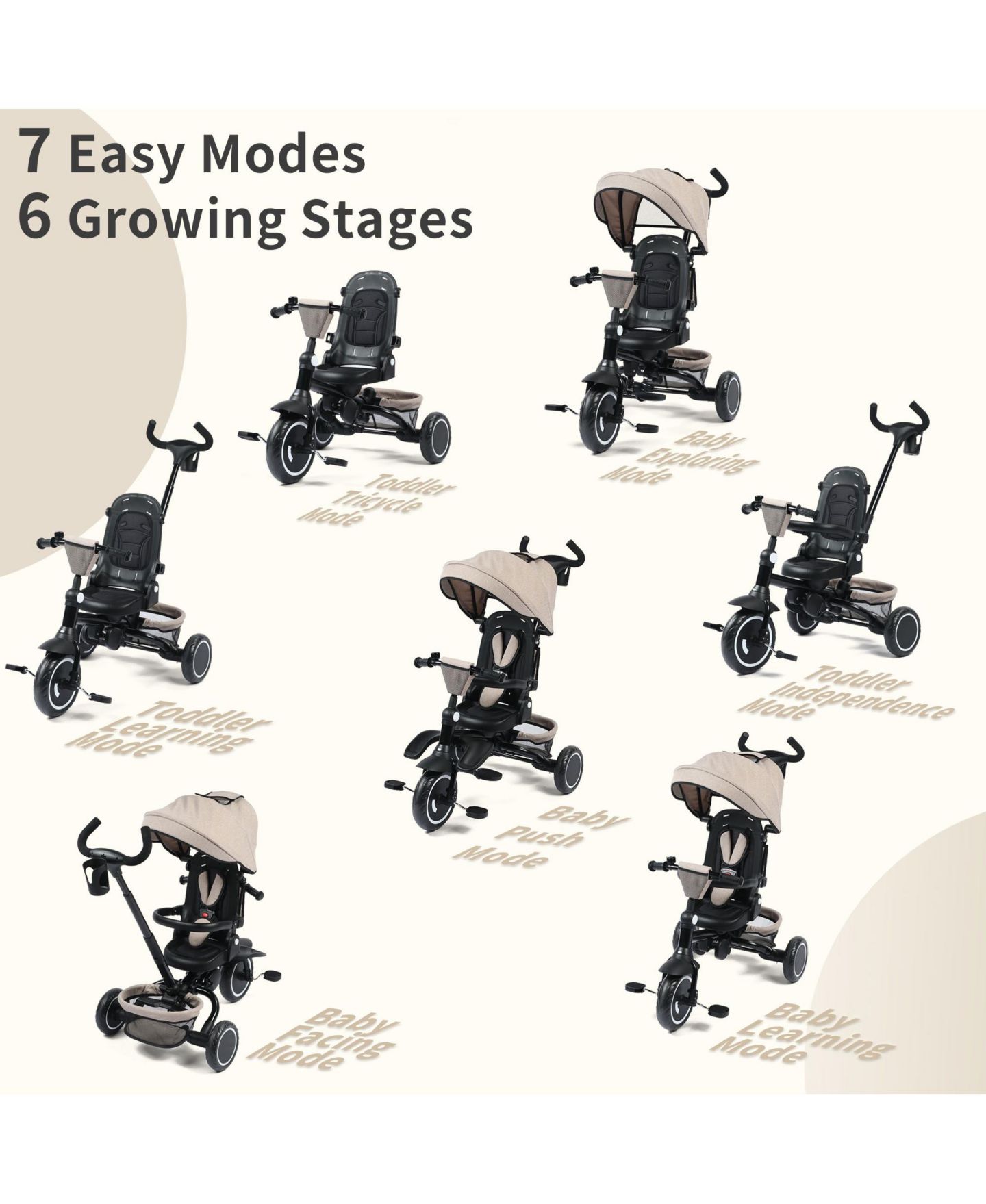 Детская игрушка Kinder King 7-in-1 Toddler Tricycle Stroller with Rotating Seat and Adjustable Push Handle, Ages 9 Months to 5 Years, цвет: Бежевый / Хаки — фото 3