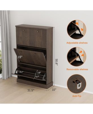 Fluted Shoe Cabinet Storage with 3 Flip Drawers, Wooden Fluted Narrow Shoe Organizer with Adjustable and Removable Shelves