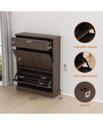 Fluted Shoe Storage Cabinet with 2 Flip Drawers and Top Drawer, 42" Tall Narrow Shoe Organizer, Curved Profile Design