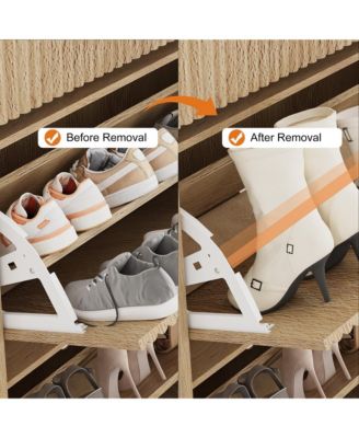 Fluted Shoe Storage Cabinet with 2 Flip Drawers and Top Drawer, 42" Tall Narrow Shoe Organizer, Curved Profile Design