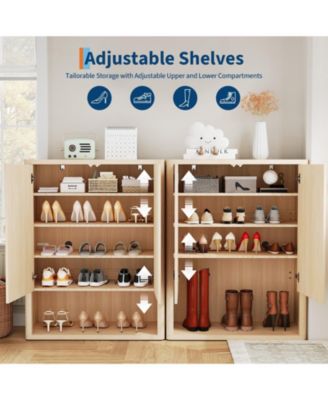 2 Fluted Doors with 5 Tier Shoe Cabinet, Freestanding Entryway Storage Cabinet with Adjustable Shelves for Living Room, Hallway, Porch, Oak