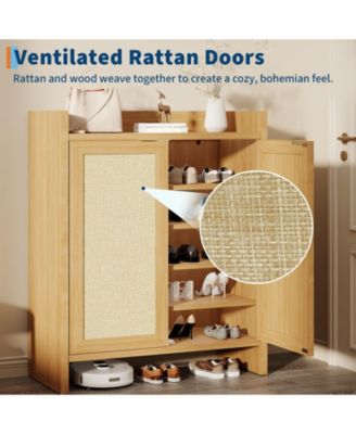 Rattan Shoe Cabinet with Doors, 41" Wooden Storage Rack with Adjustable Shelves and Doors, Perfect for Entryway, Hallway, Living Room