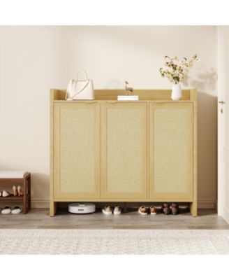 Rattan Shoe Cabinet for Entryway, Wooden Shoe Rack Freestanding Storage Cabinet with Adjustable Shelves for Living Room Hallway