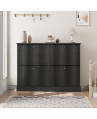 Shoe Cabinet with 4 Flip Drawers,Freestanding Cabinet with Adjustable Shelves and Thicken Top, Fluted Design, Wooden Narrow Shoe Organizer