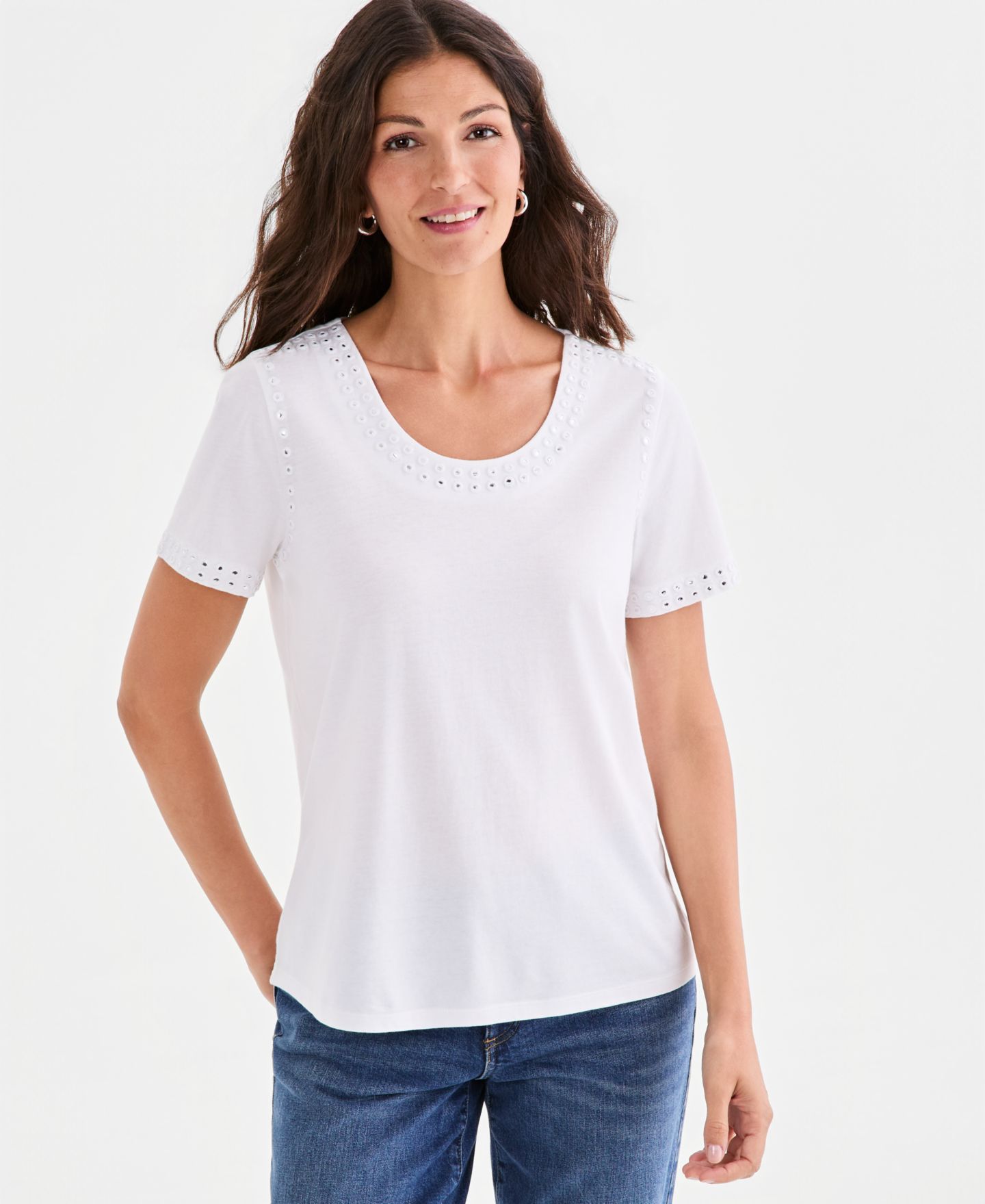 Женский топ Style & Co Embellished Scoop-Neck Top, цвет: Яркий белый — фото 1