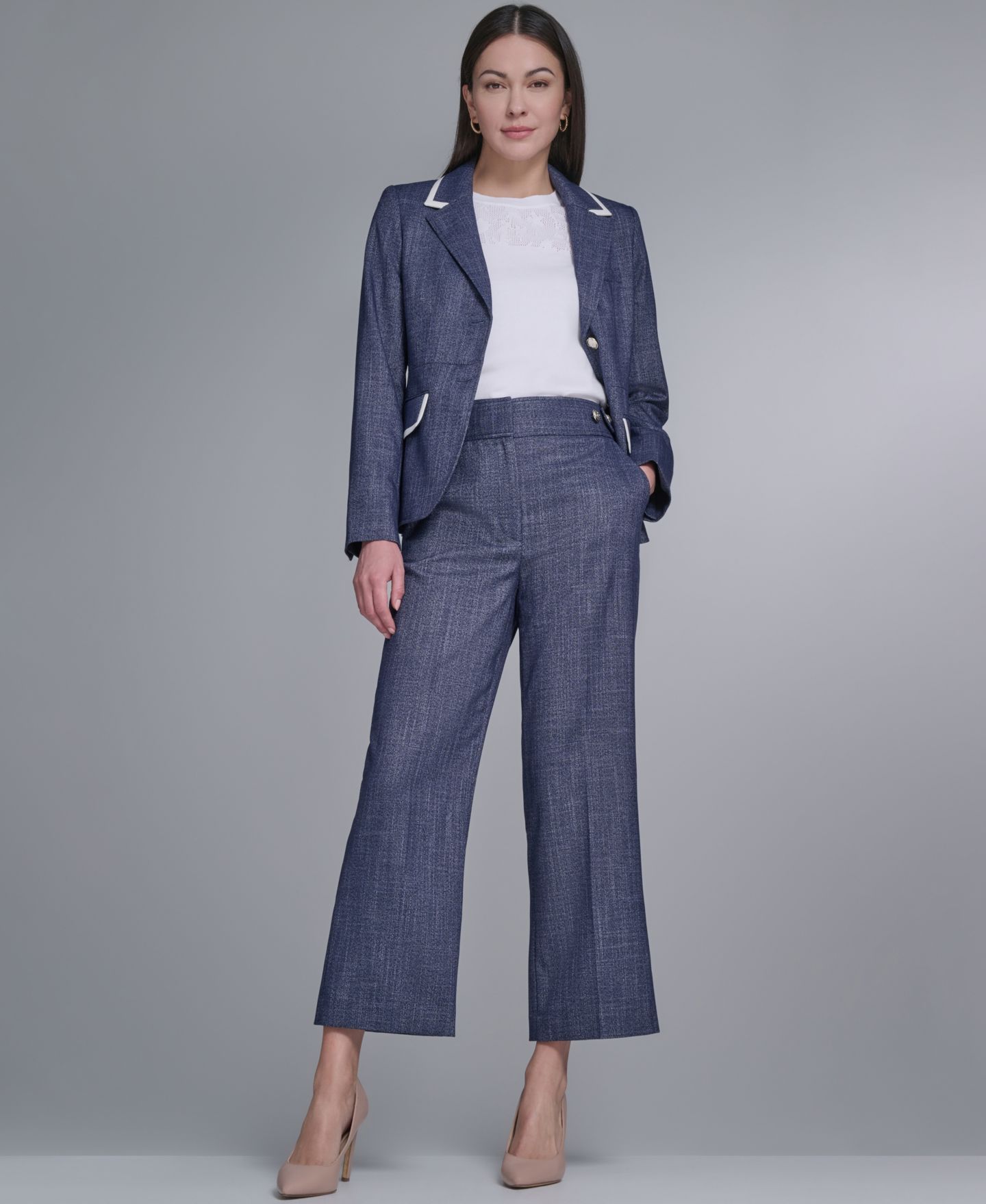 Женские комплекты Tommy Hilfiger Crosshatch Blazer and Tab Waistband Pants, цвет: Тёмно-синий / Слоновая кость — фото 1