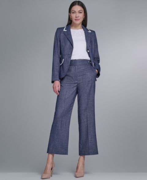 Женские комплекты Tommy Hilfiger Crosshatch Blazer and Tab Waistband Pants, цвет: Тёмно-синий / Слоновая кость