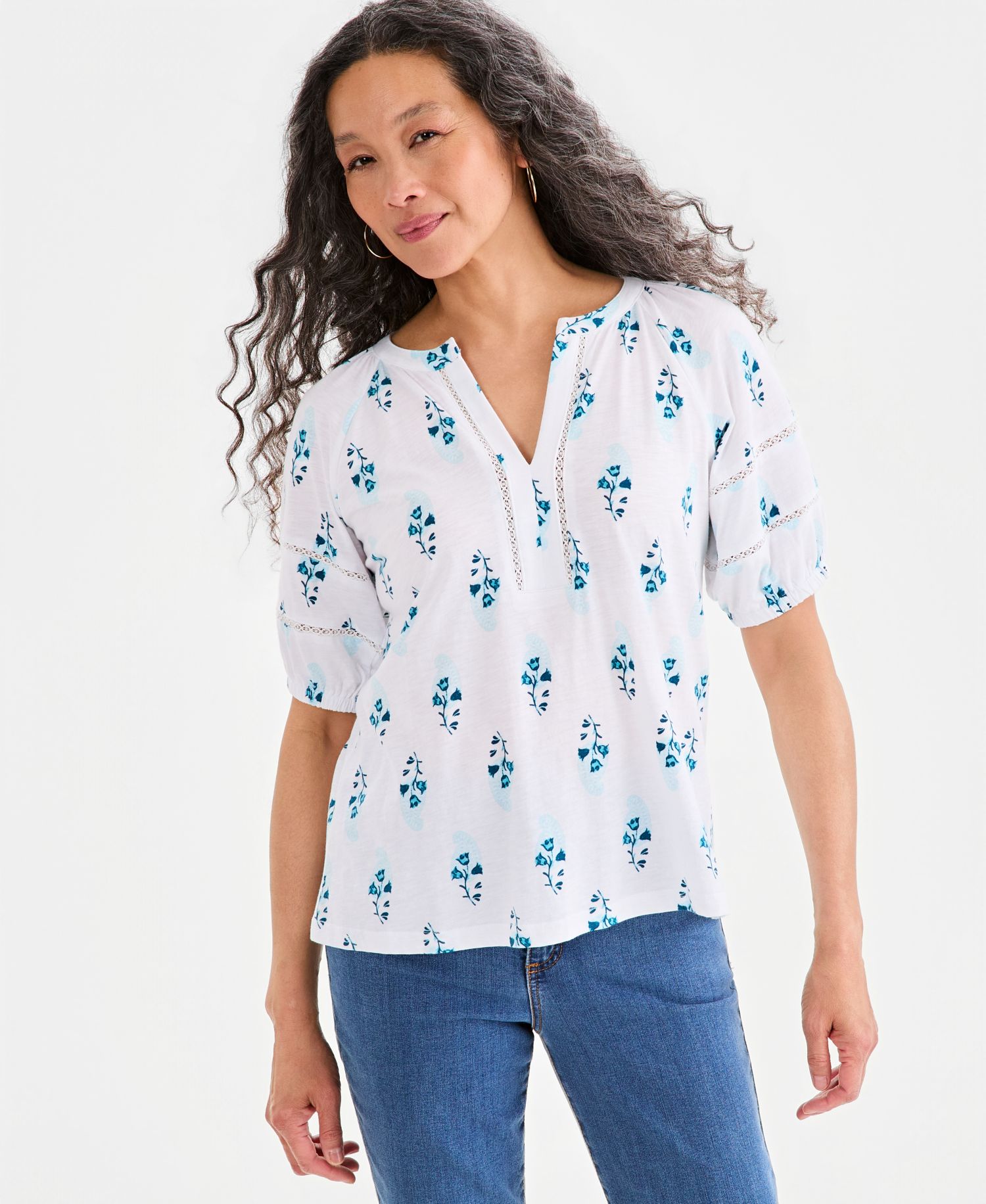 Petite Elbow-Length Sleeve Split Neck Top
