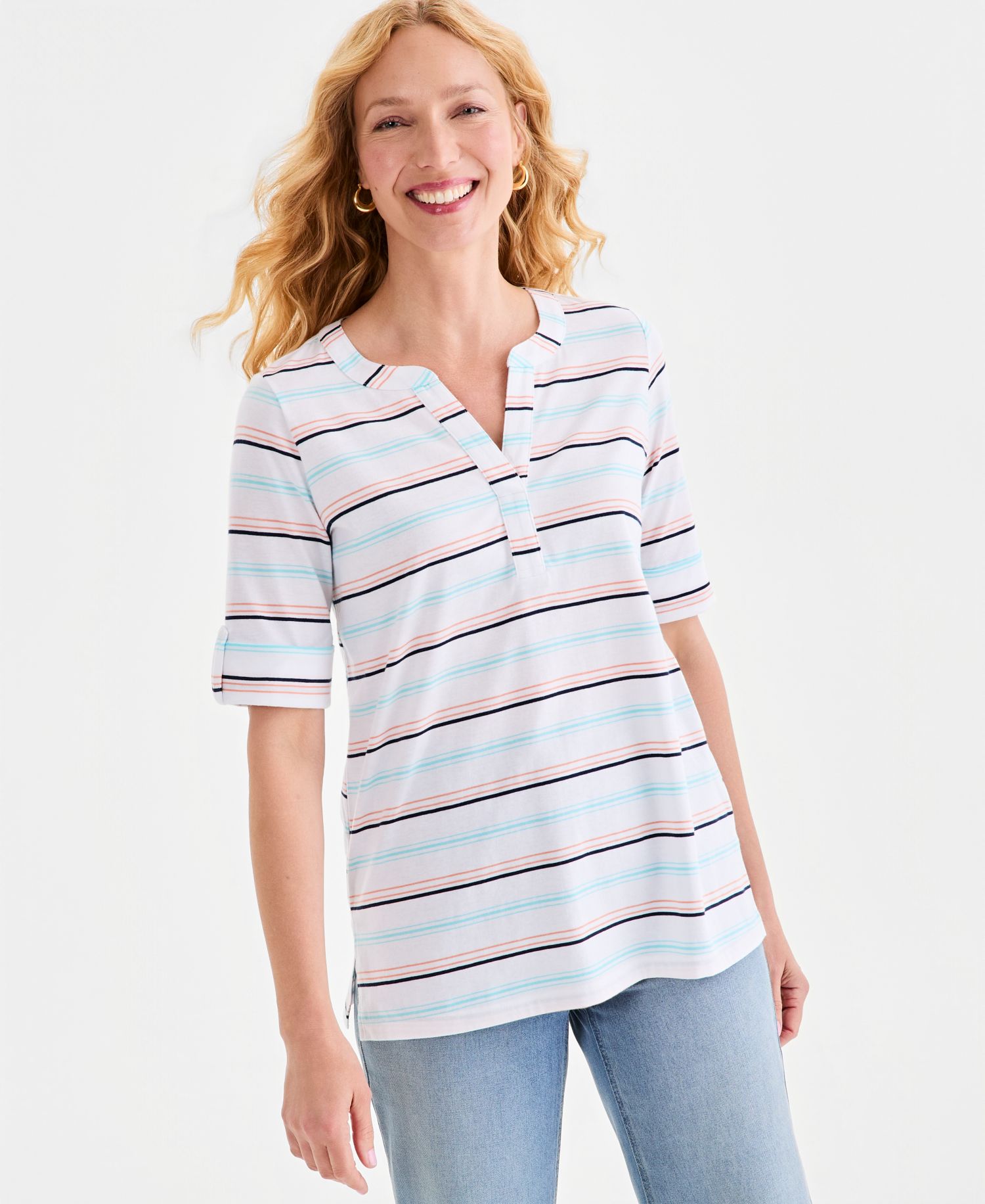 Women's Printed Split-Neck Elbow-Sleeve Tunic