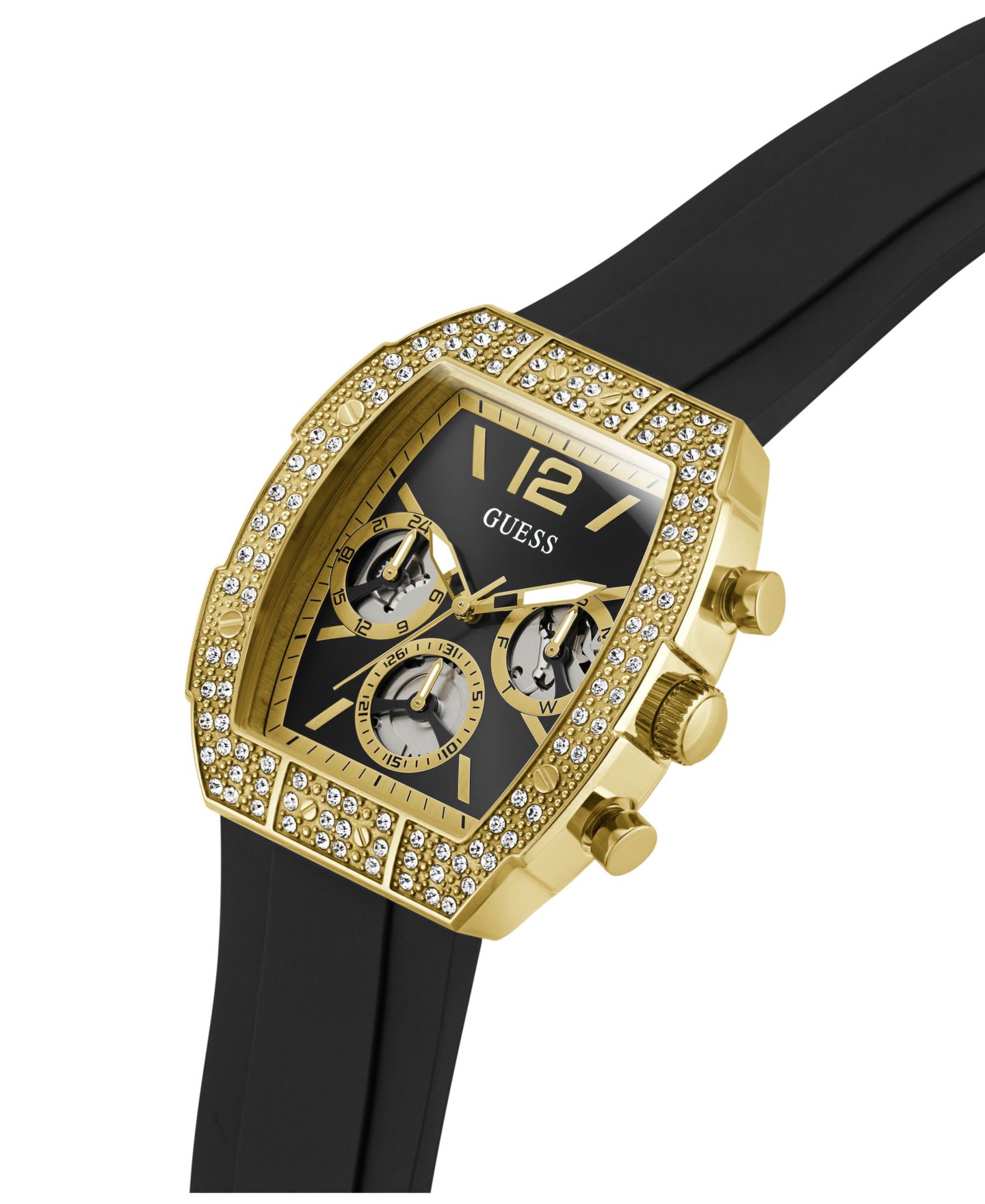 Мужские часы GUESS Crystal Gold-Tone Stainless Steel Black Silicone Multi-Function, 41mm — фото 4