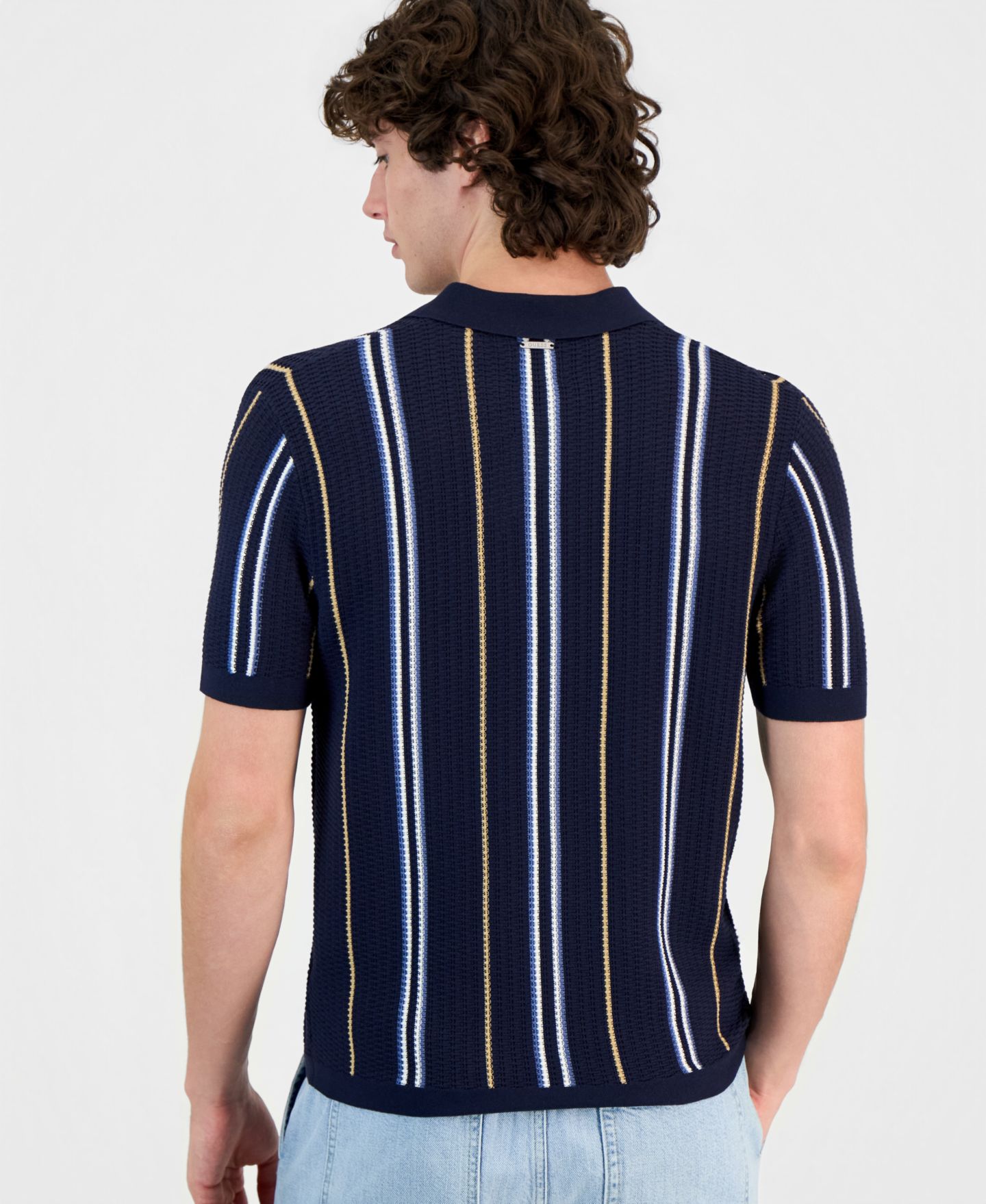 Мужское поло GUESS Intarsia Striped Short-Sleeve Polo Shirt, цвет: Синий разноцветный — фото 2