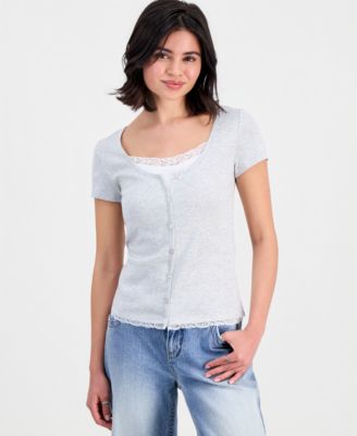 Juniors' Lace-Trim Layered-Look Tee