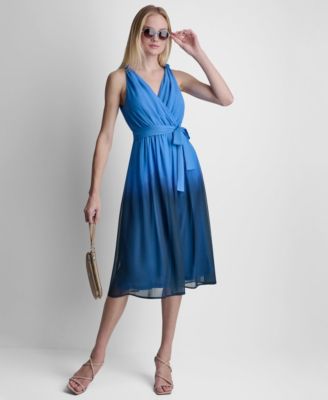 Women's Sleeveless Faux Wrap Surplice Neck Ombre Midi Dress