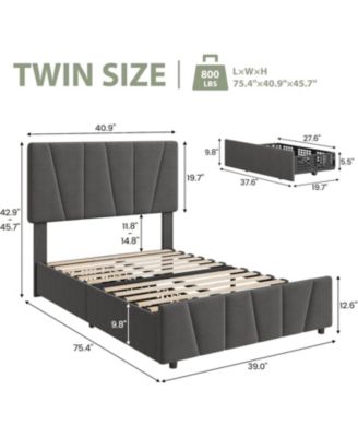 Twin Size Upholstered Bed Frame with Adjustable Headboard and 2 Drawers, Wood Slats Support, No Box Spring, Set of 2