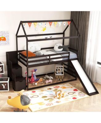 Loft Bed w/ Slide and Storage Staircase Twin Over Twin House-shaped Bunk Bed
