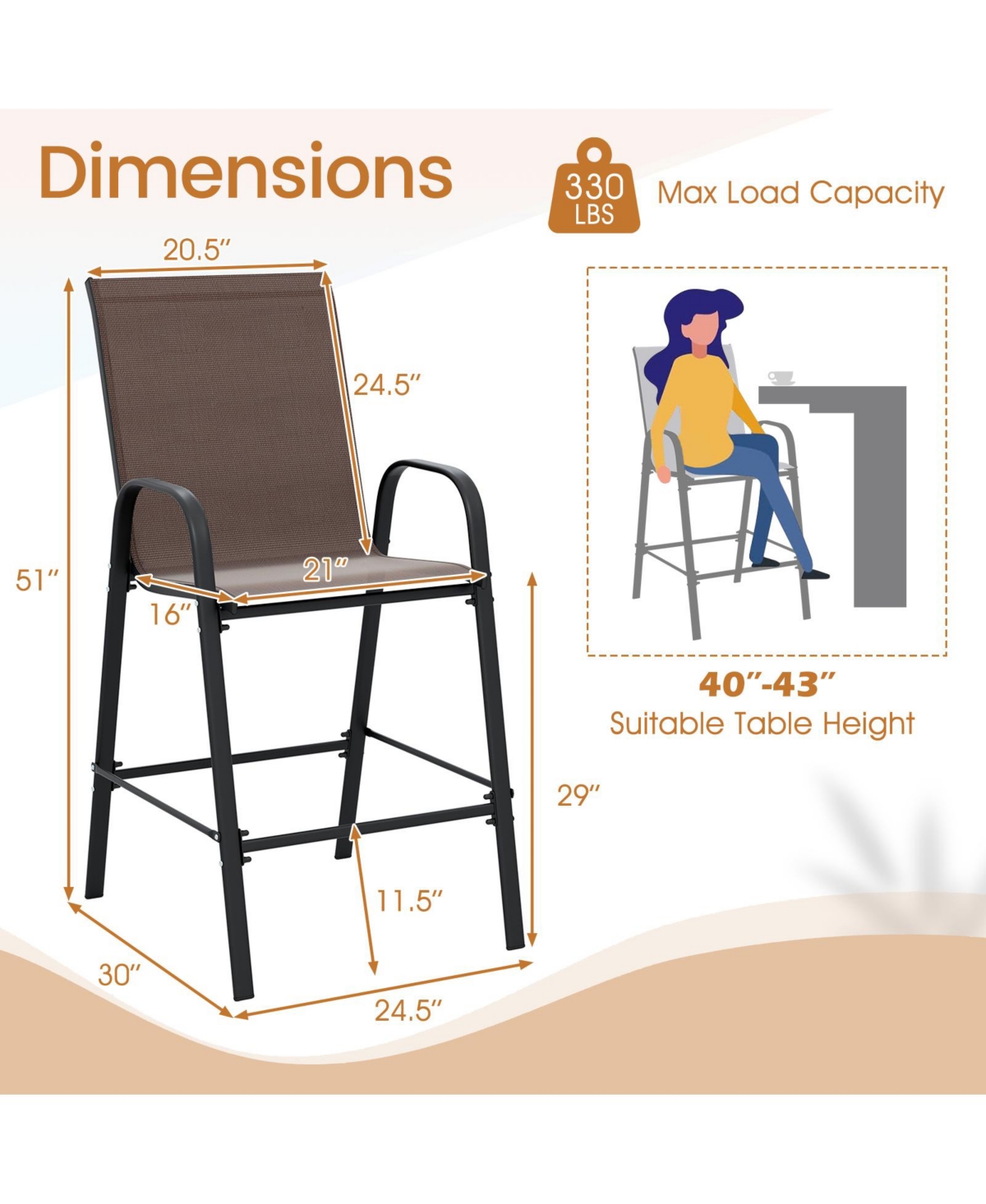 Sugift Outdoor Fabric Bar Stools Set of Two with Armrests