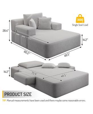Plush Corduroy Convertible Chaise Chair, Sofa Bed with Storage Pocket and 3 Pillows, Frameless Design and Compression Foam for Living Room