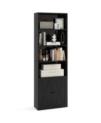 Tall Freestanding Bookshelf with Cabinet and Open Shelves