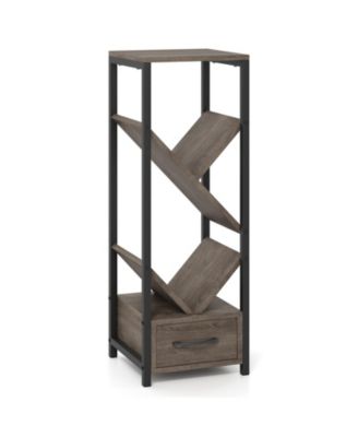 4 Tier Floor Tree Bookshelf with Drawer and Metal Frame