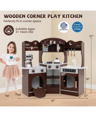 Corner Wooden Play Kitchen with Coffee Machine and Slide for Kids.