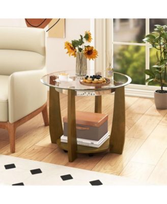 Two Tier Round Glass Coffee Table with Storage Shelf