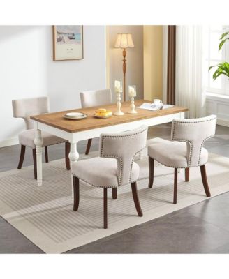 Modern Wooden Dining Chairs Set of 2 - Linen Upholstered Kitchen Chairs with Curved Backrest, Copper Nails for Dining Room