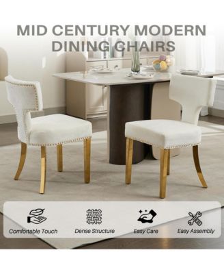 Dining Chairs Set of 2 - Chenille Fabric Upholstered Kitchen Chairs with Curved Backrest, Golden Stainless Steel Legs for Dining Room