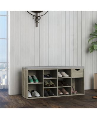 Entryway Shoe Bench with Padded Cushion, Open Compartments and Drawer, 3-Layer Shoe Rack for Hallway