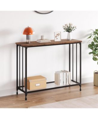 Small Entryway Console Table, Narrow Table Behind Sofa with Metal Frame and Glass Shelf