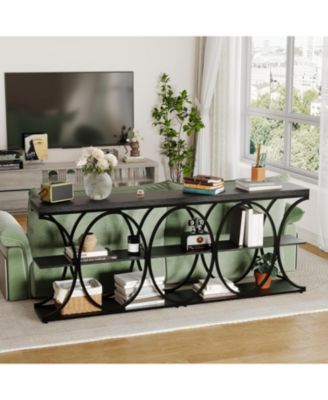 39" Narrow Console Table for Entryway, Industrial 3-Tier Sofa Table, Round Metal Base, Storage Shelves