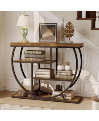 39" Farmhouse Entryway Table with Storage, 4-Tier Wooden Console, Metal Geometric Frame, Space-Saving