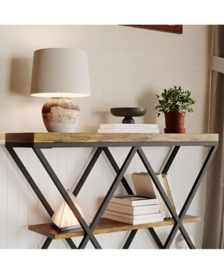 Industrial 3-Tier Entryway Table, Double X Metal Frames, 2 Storage Shelves, Rustic Wood, Living Room or Hallway