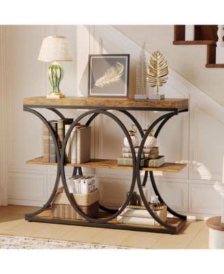 39" Narrow Console Table for Entryway, Industrial 3-Tier Sofa Table, Round Metal Base, Storage Shelves