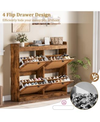 Rattan Wooden Shoe Cabinet with 4 Flip Drawers and Adjustable Shelves