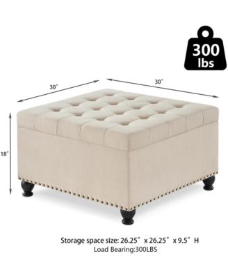 Square Storage Ottoman - Upholstered Button Tufted, wooden legs and Nail Trims for Living Room, Bedroom