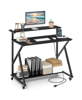Rolling Computer Desk with Charging Station and Monitor Shelf
