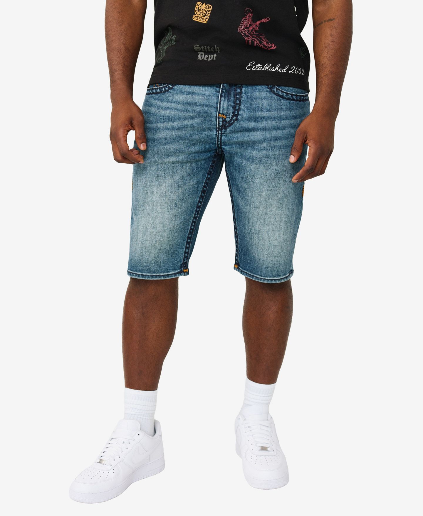 Мужские шорты True Religion Rocco Skinny Super T Denim Shorts, цвет: Тёмно-зелёный джинсовая тёмная варка — фото 1