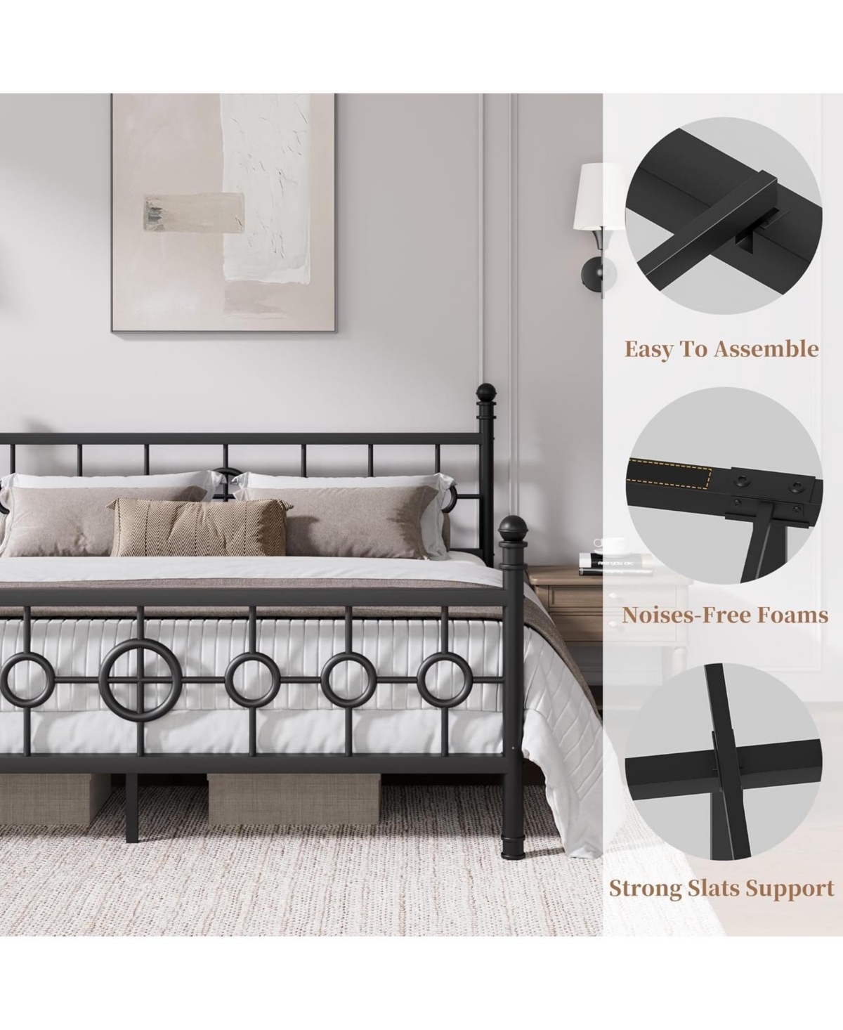 gaomon Metal Bed Frame with Vintage Circular Headboard and Footboard, Heavy-Duty Iron Platform Bed, No Box Spring Needed, Noise-Free Design