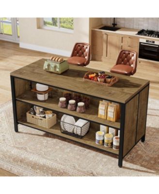 62.99" Kitchen Island with Storage and Seating - Farmhouse Stationary Island Table, Large Countertop and Sturdy Metal Frame
