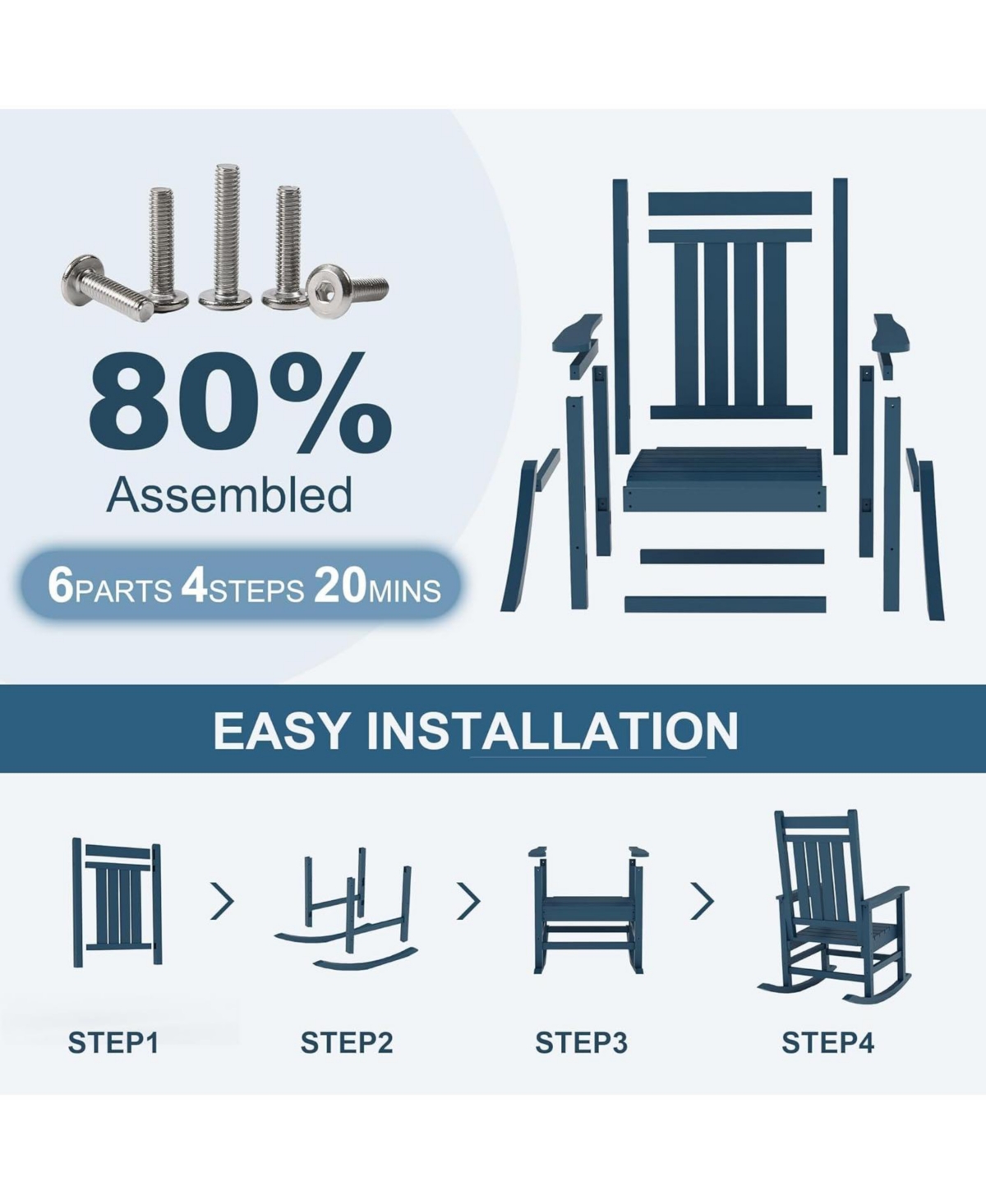 gaomon All-Weather Outdoor Rocker with High Back and Wide Seat, 350 lb Capacity, Stainless Steel Hardware, 80% Pre-Assembled