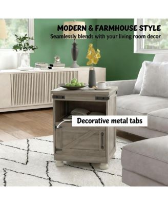 Small Bedside Cabinet, Farmhouse Storage Nightstand with Open Shelf and Cupboard for Living Room, Bedroom,