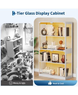 Glass Display Cabinet 4-Tier, Curio Cabinets with Glass Doors, Storage Cabinet with 3 Color Lights, Human Body Sensor & Charging Ports