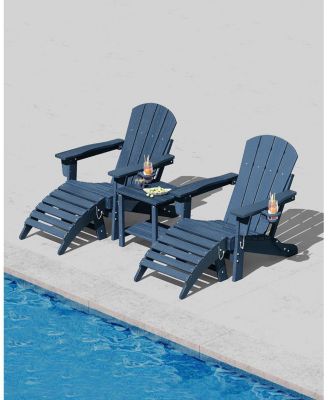 Folding Adirondack Chair Set of 2 with Ottoman, All-Weather Outdoor Chair, Wooden Textured with Cup Holder for patios, Decks, Gardens.