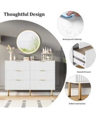 6 Drawer Fluted Dresser 47 Inch Wide Modern Wooden Double Chest for Hallway
