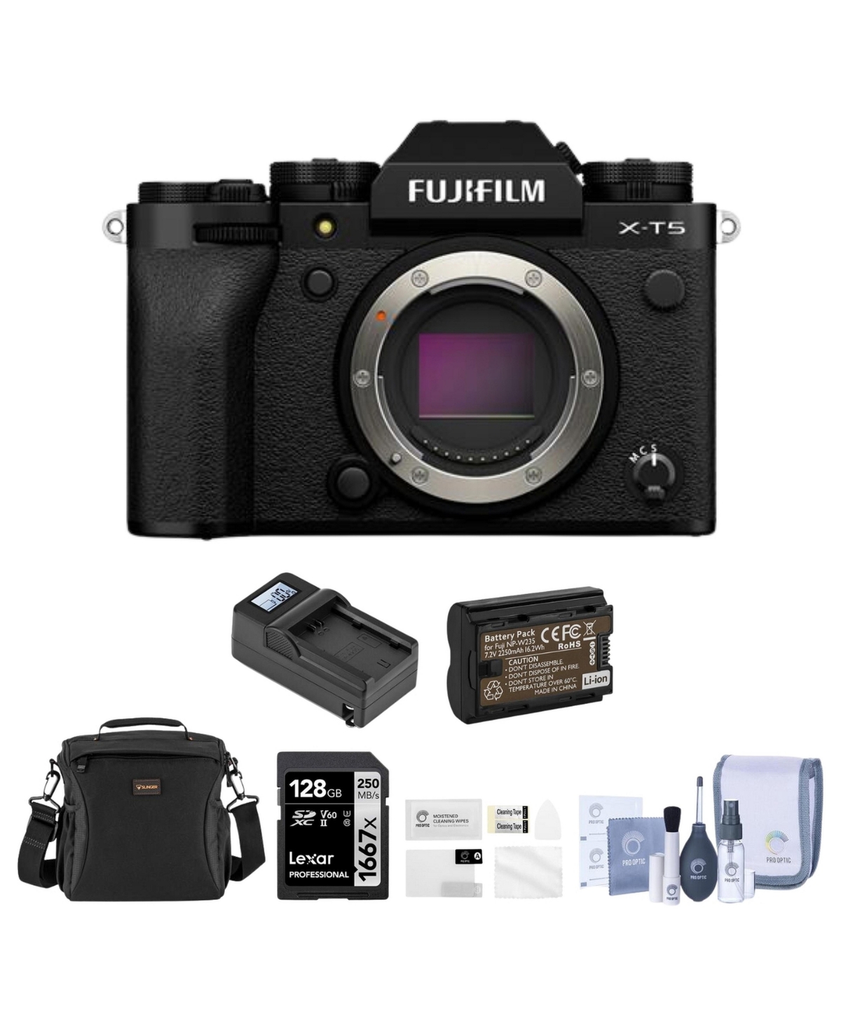 Fujifilm X-T5 Mirrorless Camera Bundle with 128GB Sd Card, Shoulder Bag, Extra Battery, Charger, Screen Protector, Cleaning Kit - Black