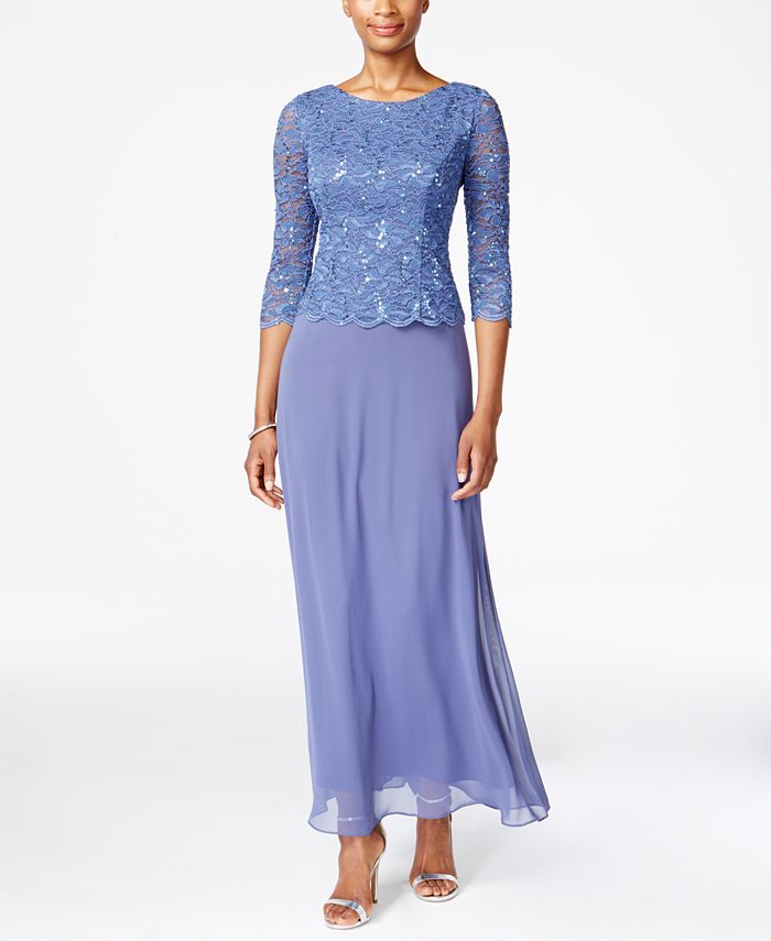 Alex Evenings Petite Three-Quarter-Sleeve Sequined Lace Gown - Macy's