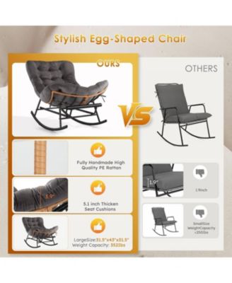 Papasan Rocking Chair with Removable Polyester Cushion, Extendable Footrest, Rattan Rocker for Living Room and Porch