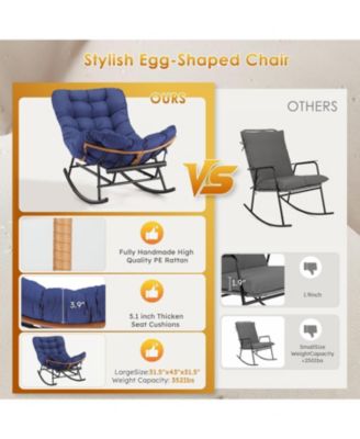 Papasan Rocking Chair with Footrest, Oversized Rattan Chair with Removable Cushion, PE Rattan Metal Frame, Indoor/Outdoor
